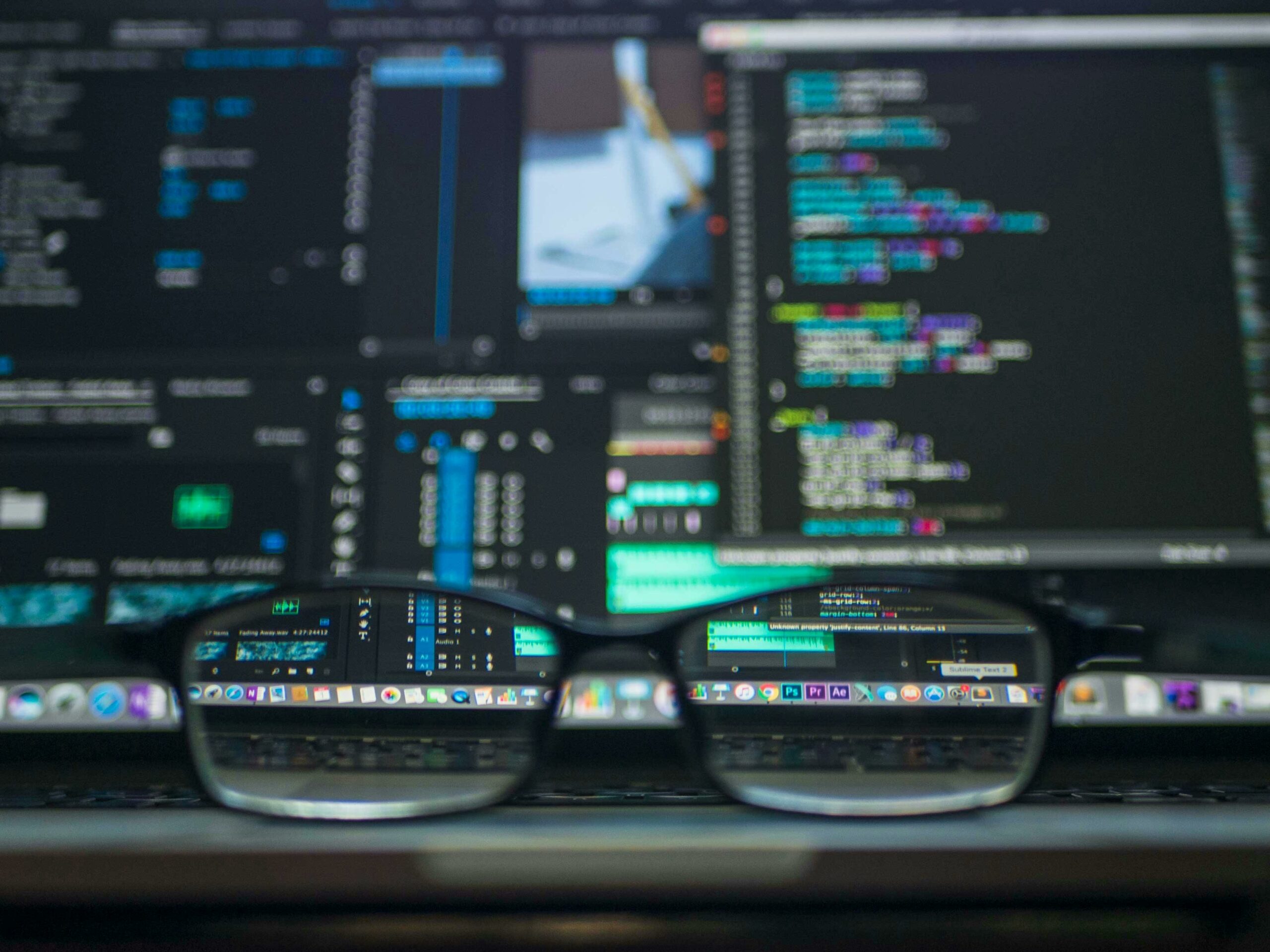 Technische Hacks, offene Programme bei verschiedenen Monitoren und eine Brille davor.